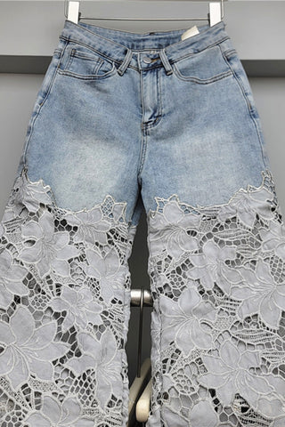 Lace-Trim Wide Leg Jeans