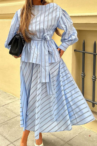Striped Belted Skirt Set with Long Sleeves