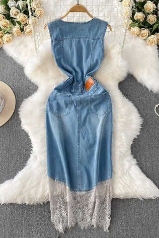 Lace-Trim Button-Front Denim Dress