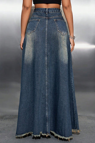 Distressed Hem Denim Maxi Skirt