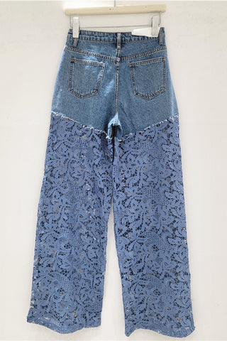 Lace-Overlay Distressed Wide Leg Jeans