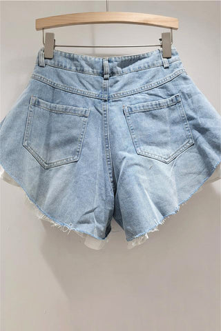 Layered Frill Hem Denim Shorts