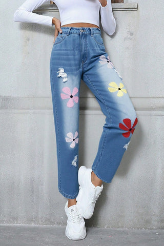 Floral Appliqué Straight Jeans