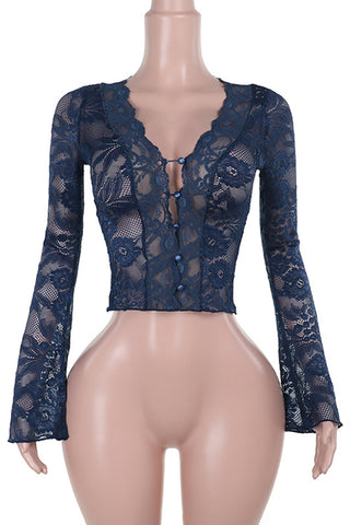 Lace-Detail Sheer Blouse with Long Sleeves