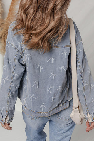 Bow Print Denim Jacket with Raw Hem