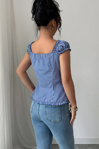 Ruched Sleeve Striped Button-Down Blouse