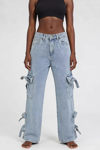 Stylish Straight-Leg Jeans with Bow Accents