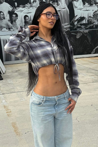 Zip-Up Plaid Shacket with Drawstring Waist