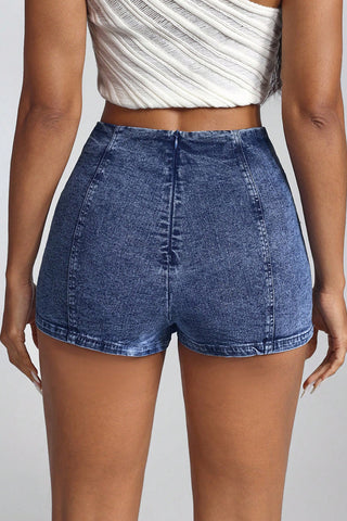 Button-Detail Denim Mini Skirt