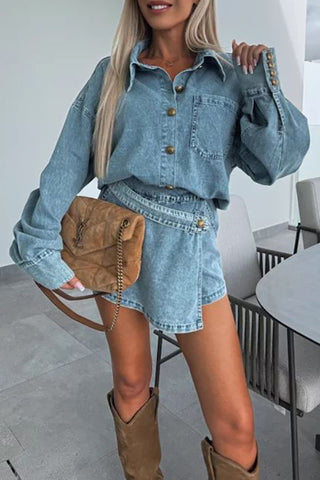 Button-Front Denim Casual Skirt Set
