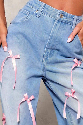 Playful Ribbon-Accent Wide-Leg Jeans