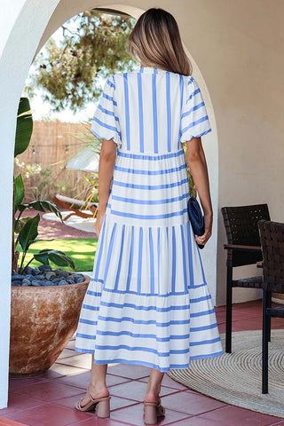 Ricrac Trim Notched Neck Half Sleeve Dress