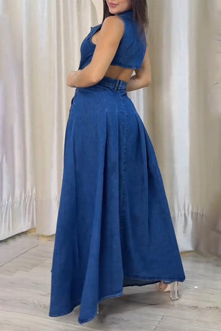 Cutout Belted Denim Maxi Dress