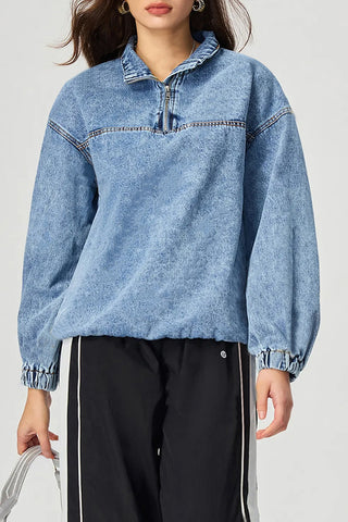 Zip-Front Denim Pullover Blouse