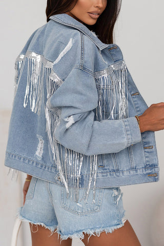Fringe Detail Distressed Denim Jacket