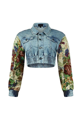 Printed Cropped Jacket and Distressed Pants Set