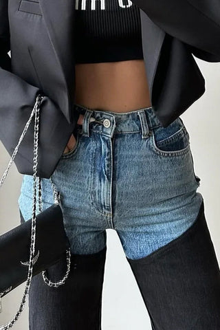 High-Rise Two-Tone Flare Jeans