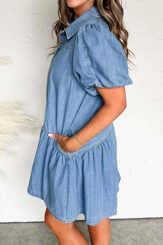 Button Down Short Puff Sleeve Ruffle Hem Dress
