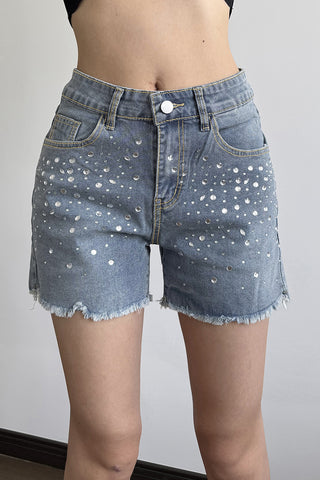 Rhinestone-Studded Denim Casual Shorts