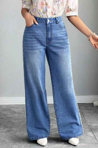 Pearl-Trim Wide Leg Jeans