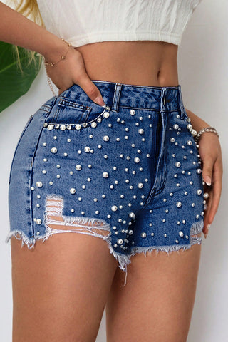 Pearl-Studded Distressed Denim Shorts