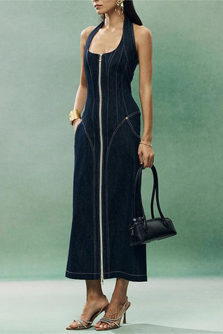 Zip-Front Denim Halter Dress