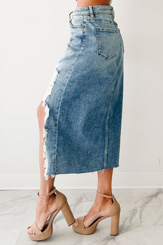 Frayed Hem Denim Midi Skirt