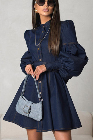 Button-Down Puff Sleeve Denim Dress