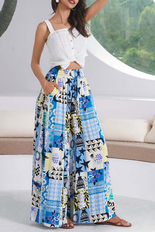 Patterned Wide-Leg Casual Pants