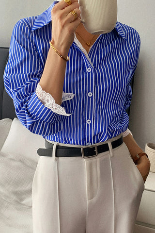 Striped Button-Up Blouse with Lace Trim