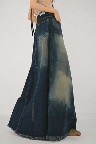 Flared Denim Skirt with Frayed Hem