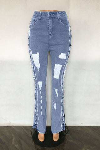 Distressed Lace-Up Straight Jeans