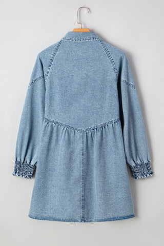 Smocked Cuffs Flared Denim Shirt Mini Dress