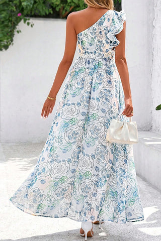 Ruffled One Shoulder Smocked Maxi Dress