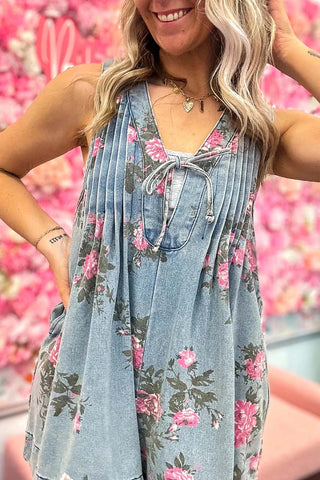 Pleated V-Neck Floral Romper