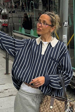 Striped Long-Sleeve Polo Top