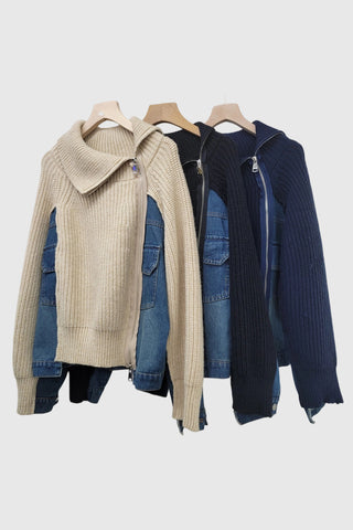 Zip-Front Knit and Denim Sweater