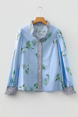 Floral Print Contrast Striped Trim Blouse