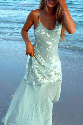 Sequined Overlay Evening Dress