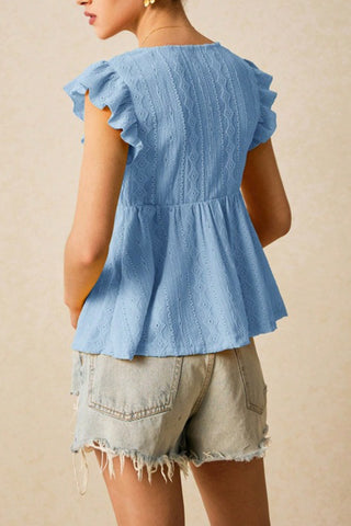 Lace Trim Ruffle Sleeve V-Neck Top