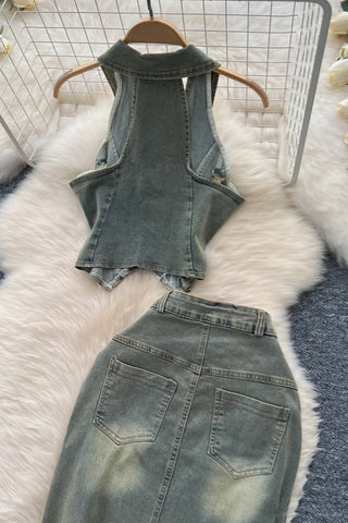 Button-Up Skirt Set with Stylish Vest