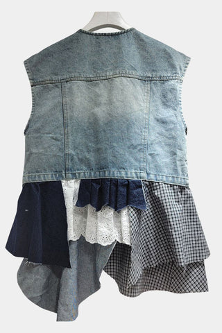 Lace Embellished Asymmetric Denim Vest