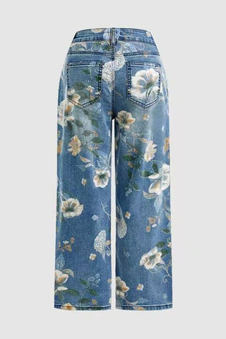 Floral Pattern High-Waisted Jeans
