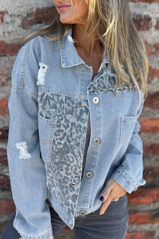 Distressed Leopard-Accent Denim Jacket