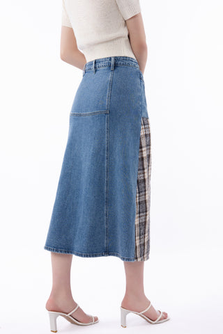 Buttoned Denim and Plaid Midi Skirt
