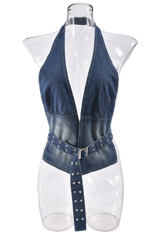 Halter Neck Denim Top with Studded Belt