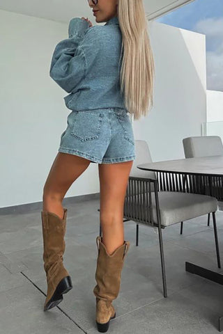 Button-Up Denim Short Set with Modern Style