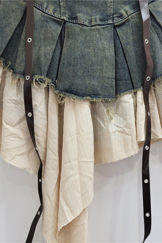 Edgy Layered Mini Skirt with Leather Straps