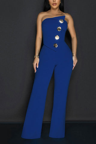 Strapless Button Wide-Leg Jumpsuit