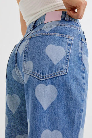 Heart-Print Straight Denim Jeans